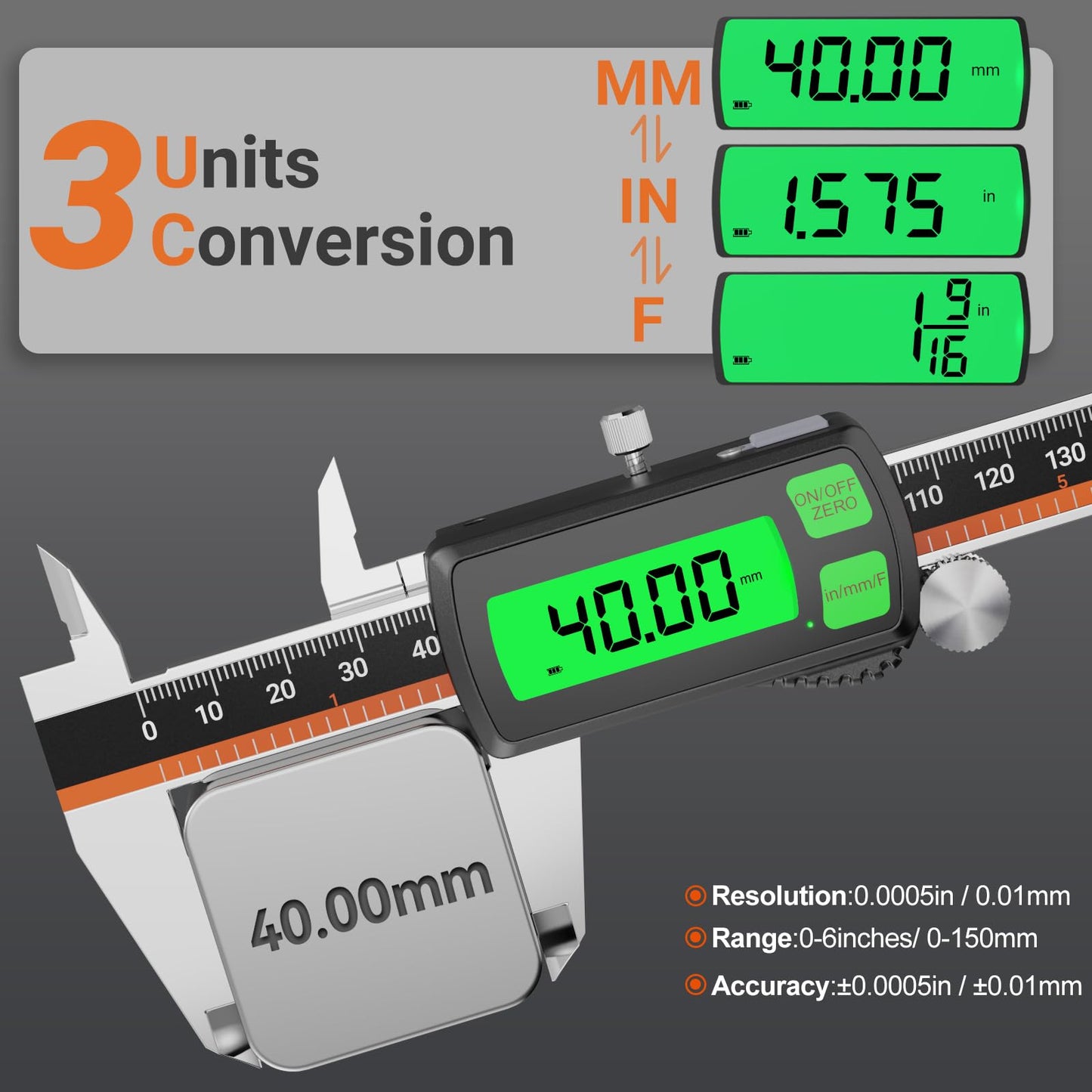 Digital Caliper, Type-C Rechargeable Stainless Steel Vernier Caliper, F/MM/in Conversion, Large LCD, USB Charging Digital Caliper Measuring Caliper for DIY, Woodworking & Professional Use (Black)
