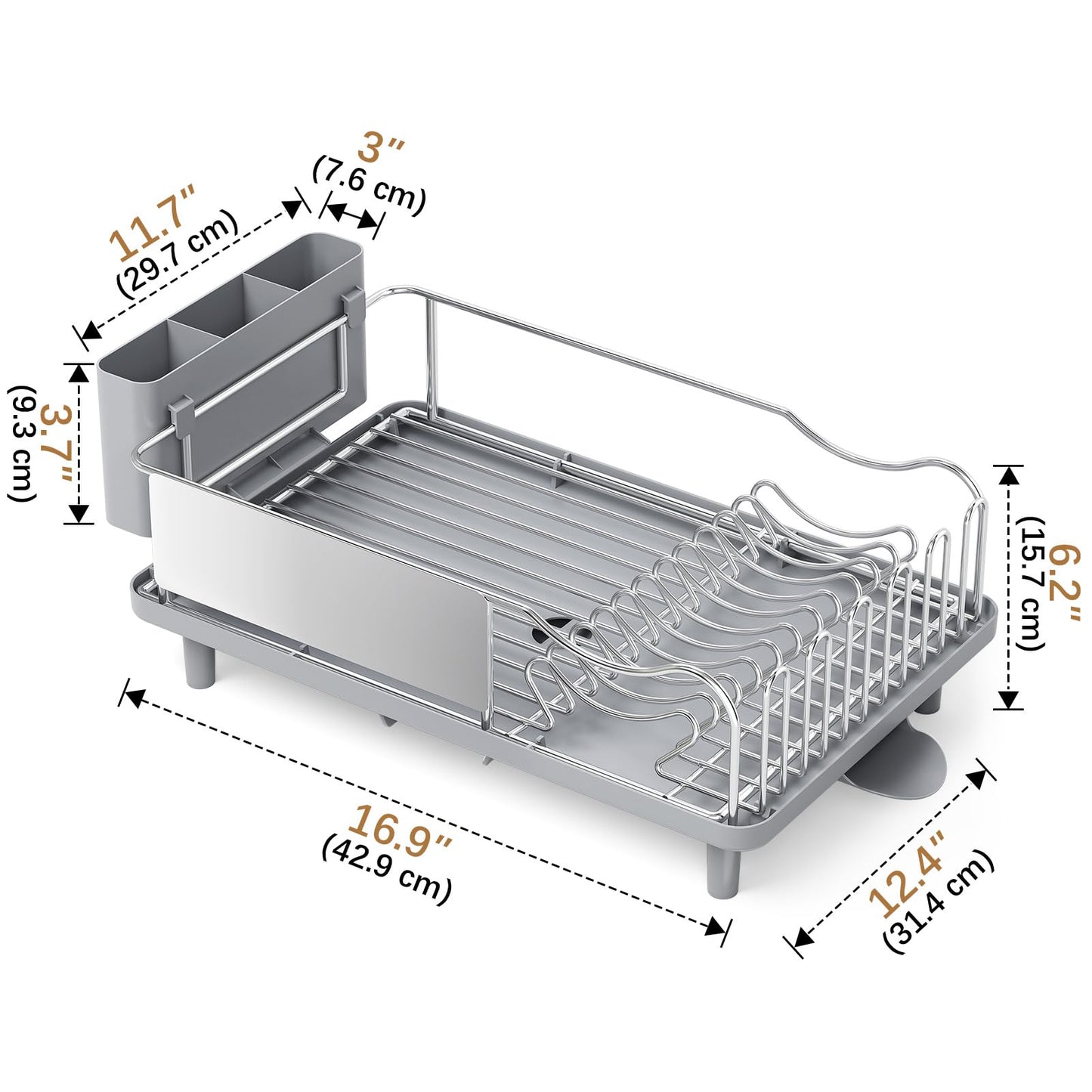 Dish Drying Rack Large Capacity - Stainless Steel Dish Rack for Kitchen Counter with Drain Board, Rustproof Dish Drainer with Auto Drain Spout Utensil Holder Glass Holder, Dinnerware Organizer, Gray
