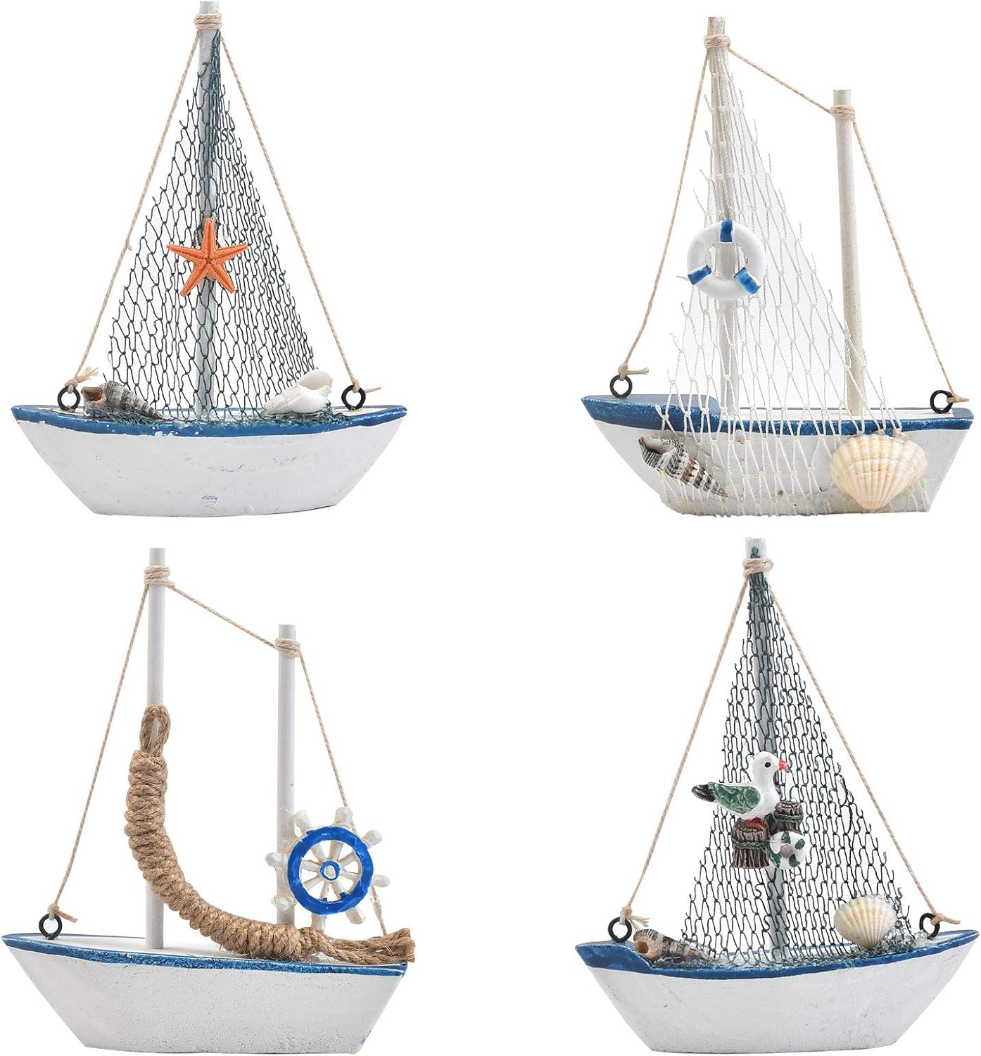 BUYGO Sailboat 4-Piece Set O Mini Model Decoration - Wooden Miniature Sailing Boat Home Decor