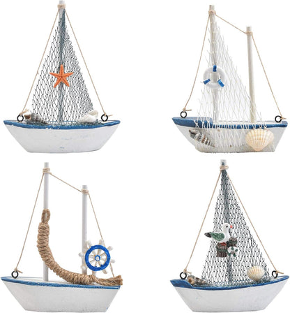 BUYGO Sailboat 4-Piece Set O Mini Model Decoration - Wooden Miniature Sailing Boat Home Decor