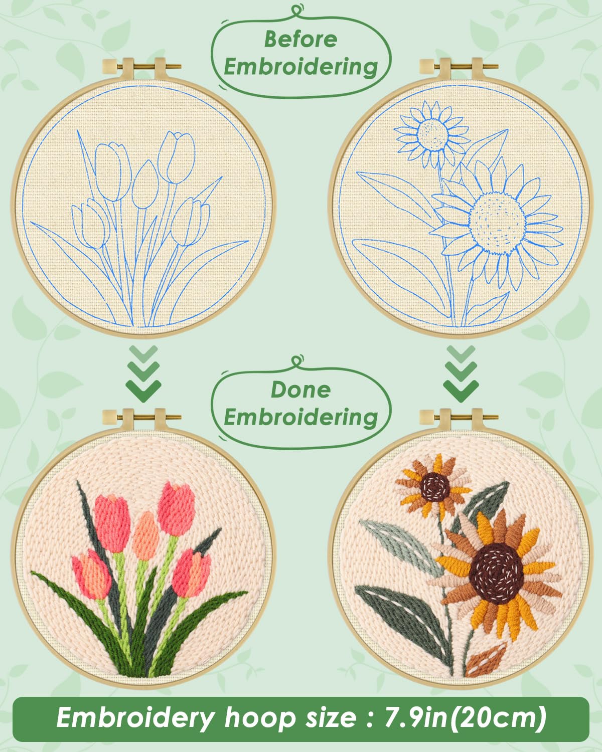 ERKOON Punch Needle Kit Adults Beginners, 2 Pcs DIY Easy Flower Embroidery Set for Starter Art Craft, Needling Punching Project with Patterns, Tools, Yarns, Hoop, Instruction (Sunflowers & Tulips)