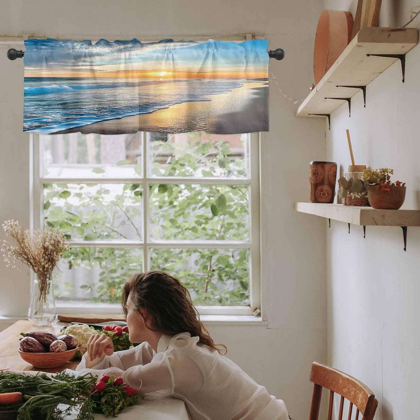 Hostline Sunset 42"x18" Valances Curtains for Living Room Beautiful Seascape Waves and Beach Semi Sheer Valance