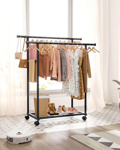 Sakugi Metal Clothes Rack - Double Rod Design with Rolling Wheels & Built-In Shelf | 38.5" x 16.9" x 59.0", Black