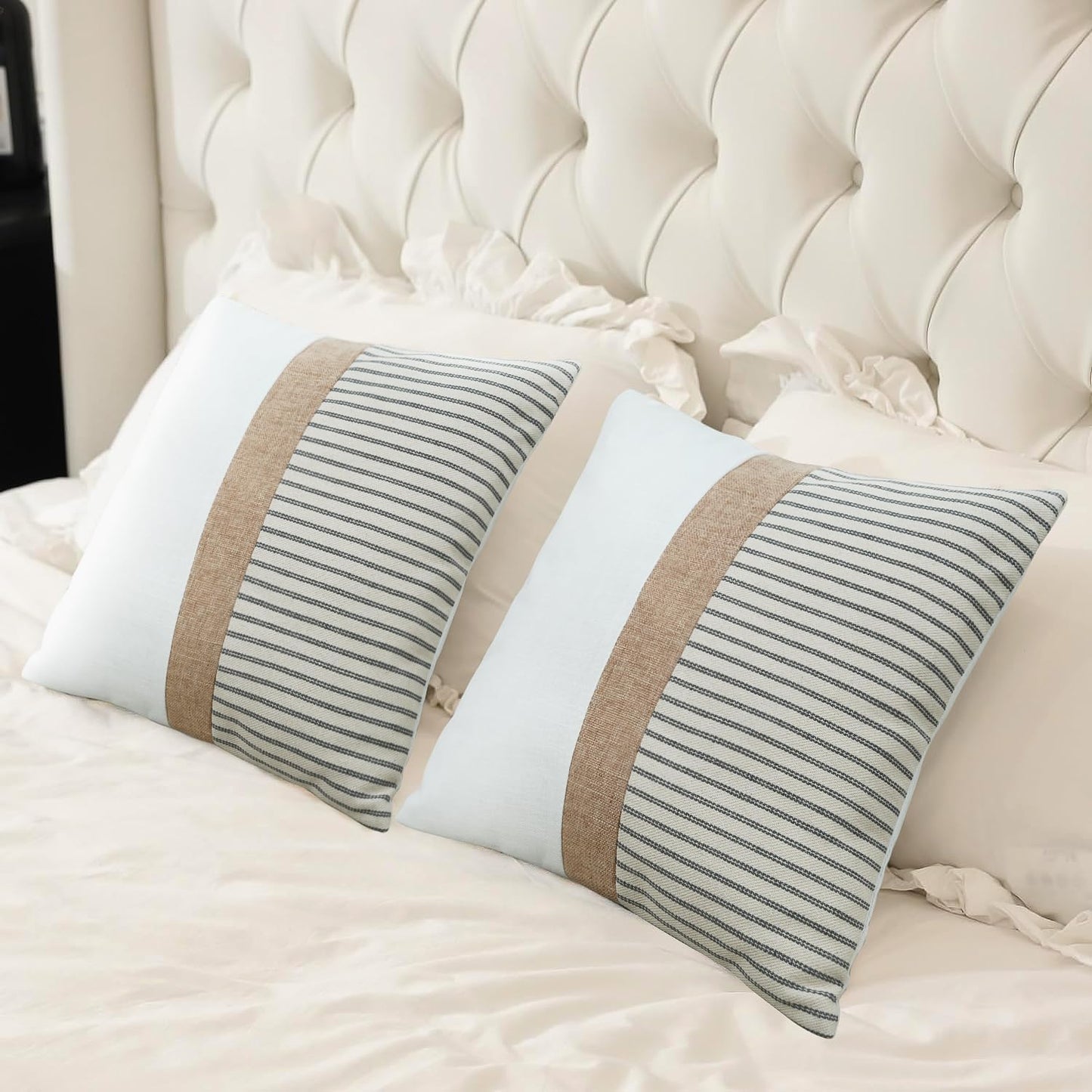 18x18, Set 2, JASEN Farmhouse Pillow Covers Modern Accent Square Throw Pillow Covers of Grey and Beige Striped