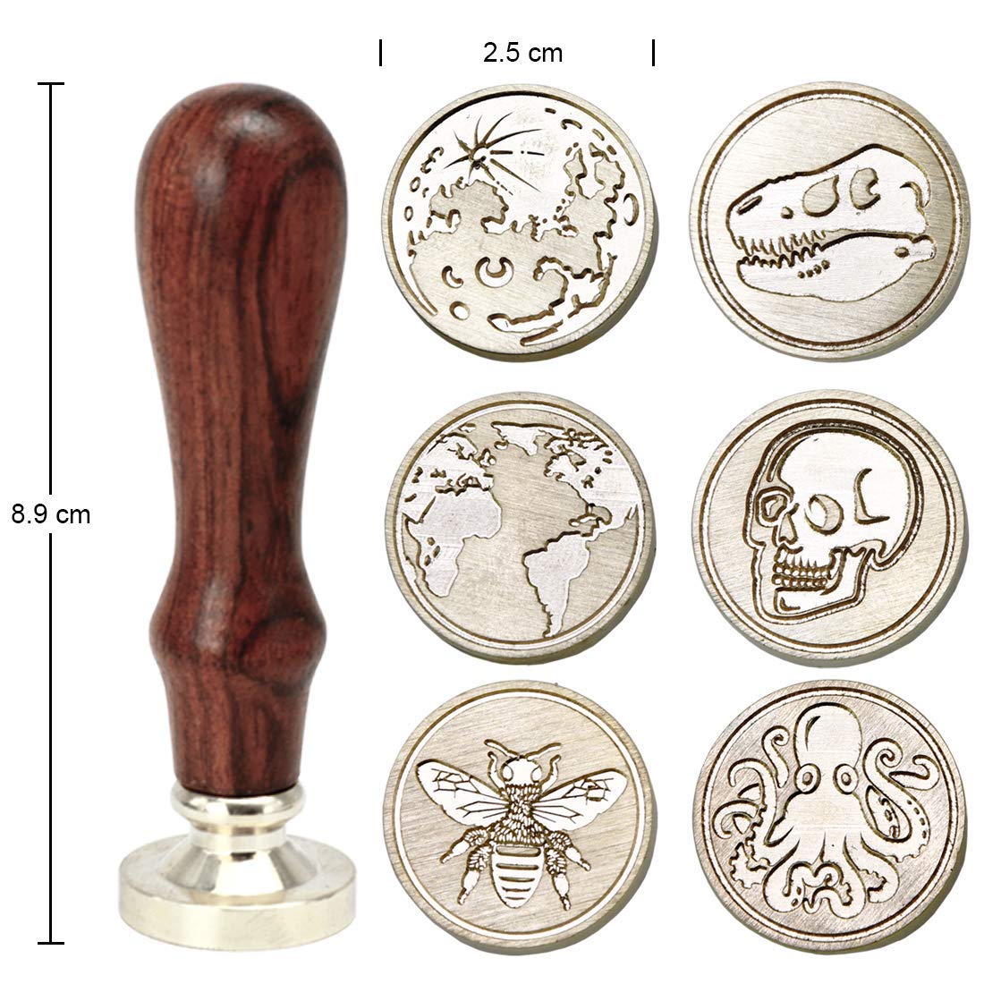 Wax Seal Stamp Kit, Set of 6 Sealing Wax Stamp with Brass Head Wooden Handle (Moon & Sun World Map Dinosaur Skeleton Bumblebee Octopus Design)