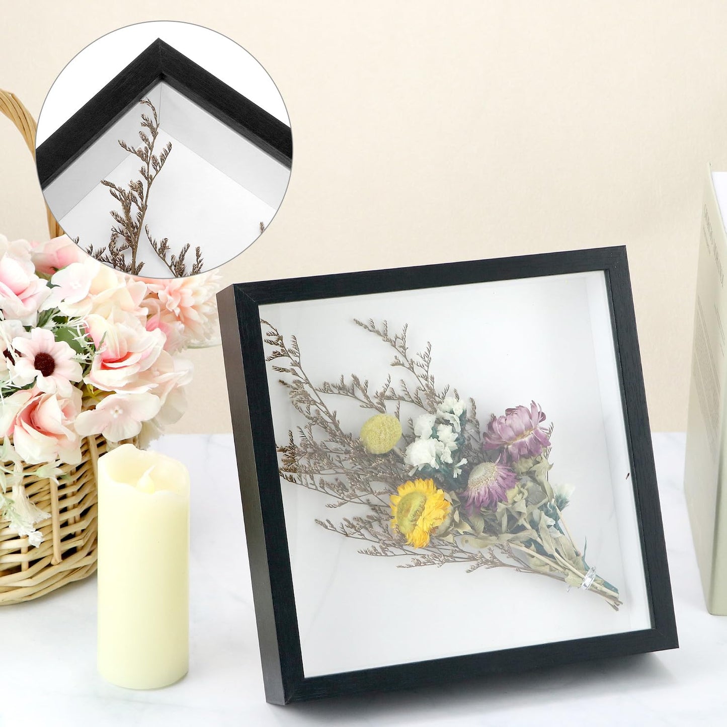 QWORK 8" x 8" Shadow Box Picture Frames, MDF Wood with Acrylic Front, 2 Pack Square Shadow Boxes Display Cases for Photos, Crafts, and Keepsakes