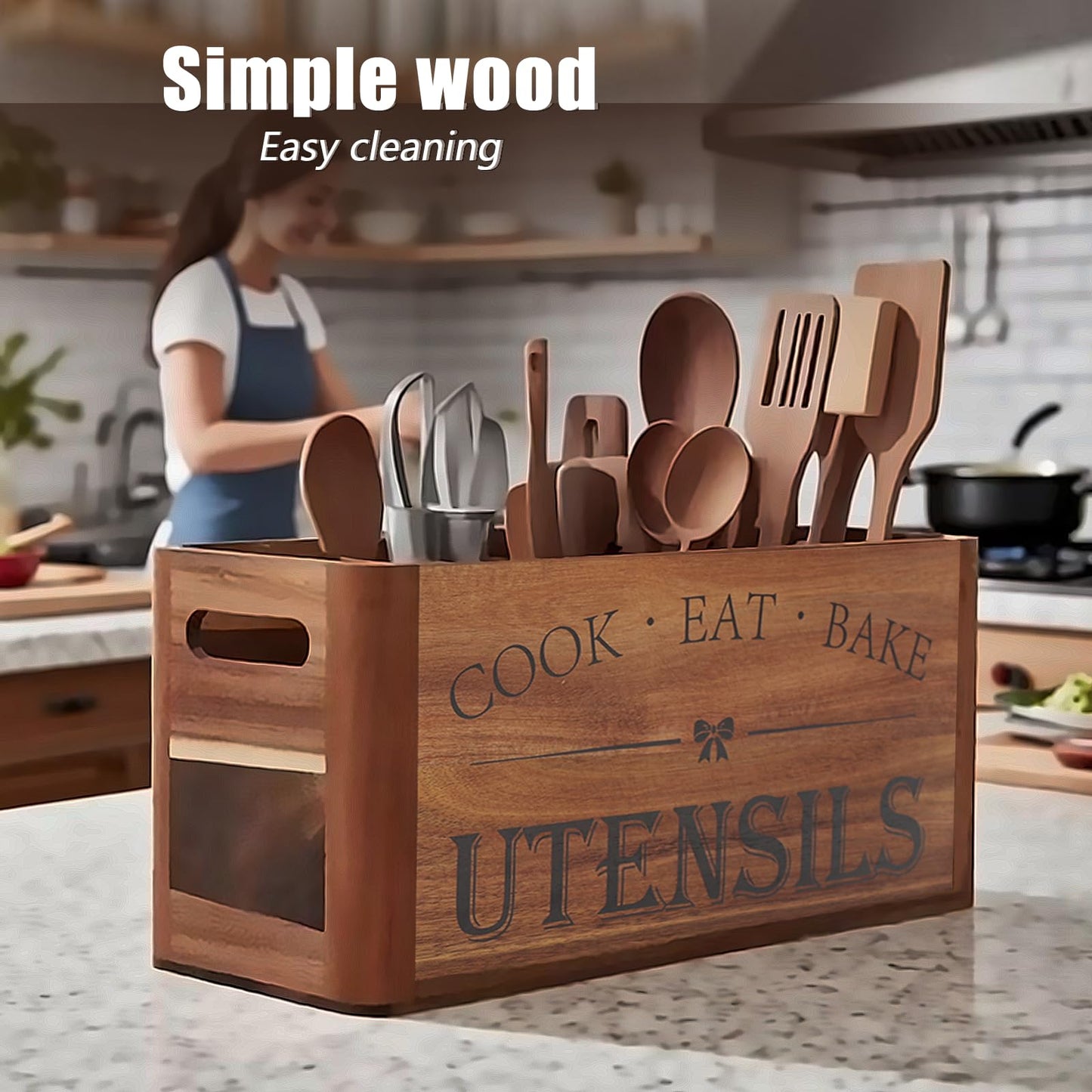 RMCOKGX Utensil Holder for Kitchen Countertop - Extra Large 4 Compartment Wooden Organizer in Acacia Wood, Storage for Cooking Tools and Cutlery, Farmhouse Style for Home Cooking