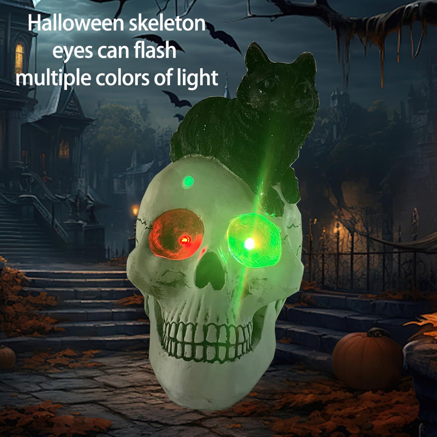 Yiosax Skull and Black Cat Halloween Decor, White, Yiosax-Halloween01