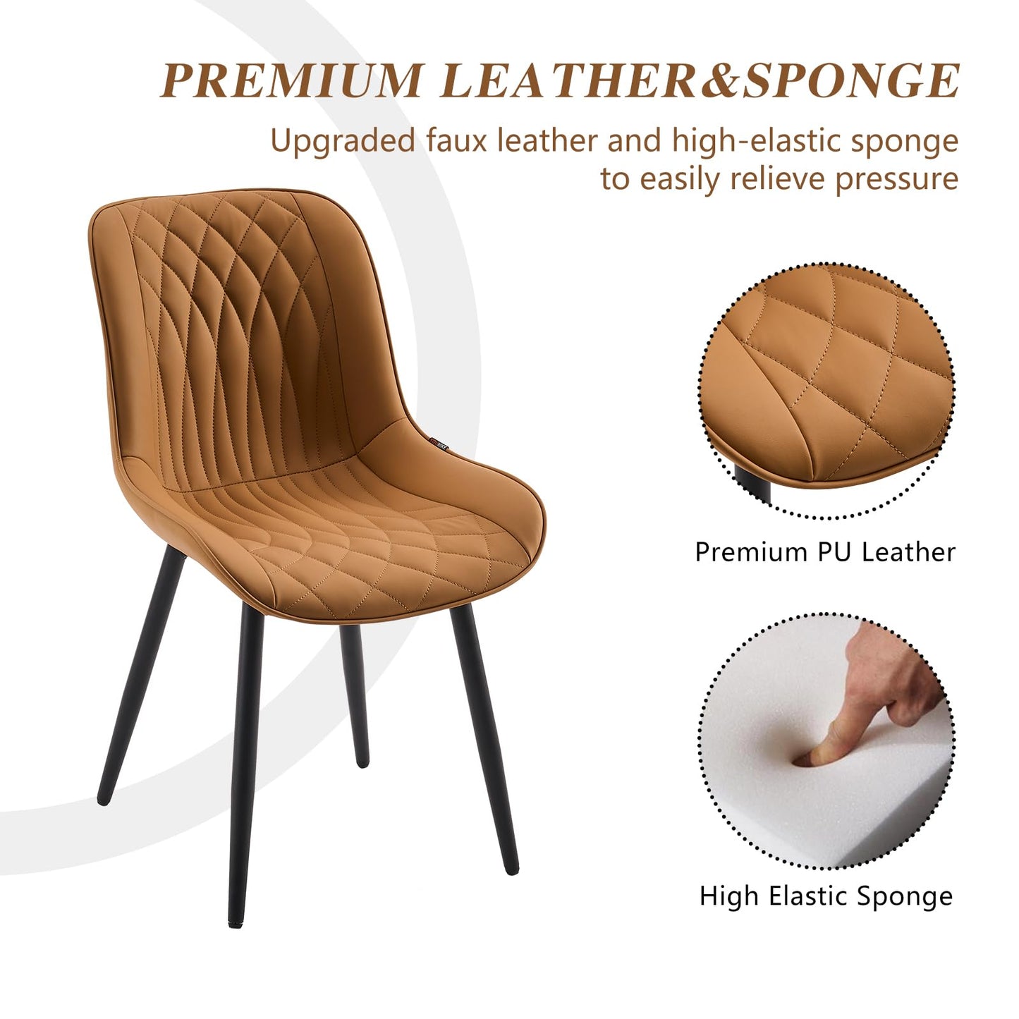 YOUNIKE Tan Faux Leather Dining Chairs Set of 2 Mid-Century Modern High Padded Back Comfy Upholstered Kitchen Chairs with Metal Legs Wide Seat Accent Side Chair for Dining/Living/Waiting Room