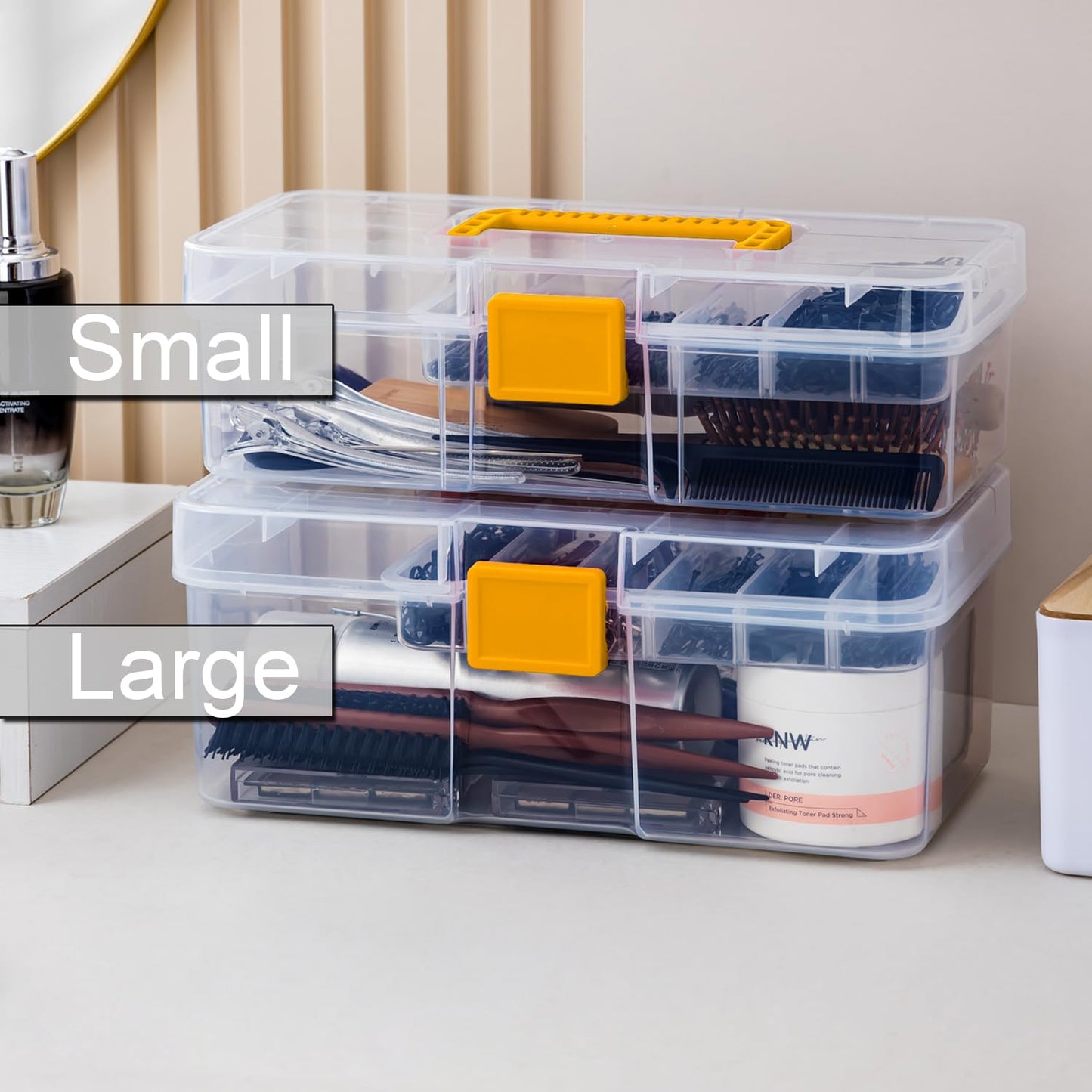 Vidifor Plastic Clear Portable Handled Storage Box with Adjustable Dividers Art Supply Organizer Multipurpose Home Utility Box for Craft, Sewing, Medicine, Makeup, Office Supplies (L, Clear)
