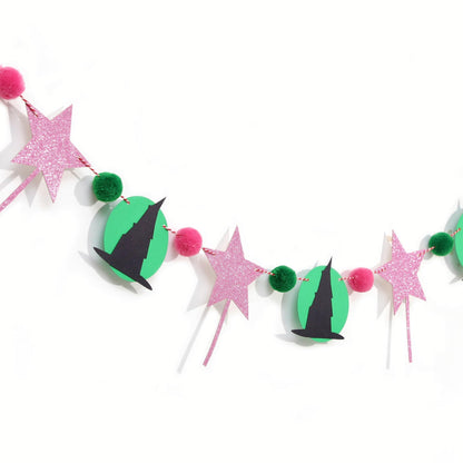 Witch Garland Banner – Pink Fairy Wand and Witch Hat Garland with Pom Poms, Halloween Magic Party Decorations for Girls Birthday, Wizard Theme Decor