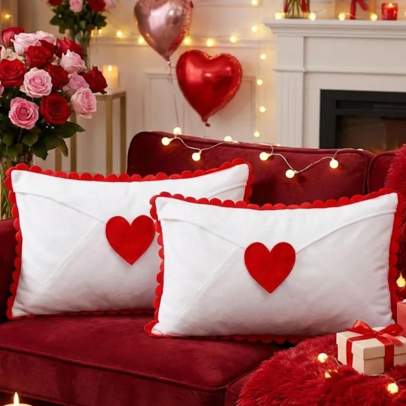 Cinnvoice 2 Pcs Valentine Day Pillow Covers 12x20 Valentines Lumbar Pillow Case Love Pattern Throw Cushion Case Heart Shape Embroidery Throw Covers for Bedroom Sofa Couch Decoration(Envelope)