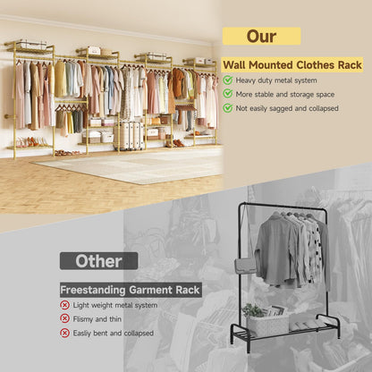 ONBRILL L7 Wall Mounted Industrial Pipe Clothing Rack – Heavy Duty Modular Closet System with 9 Hanging Rods ( 6 Expandable) & 10 Adjustable Shelves, Corner Garment Rack, Large Wardrobe - Gold