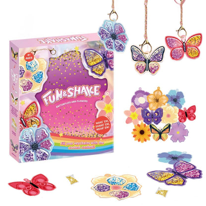 BYTEWAR Shake & Sparkle Arts and Crafts for Kids - 10 Pcs DIY Butterfly & Flower Keychain Making Kit with Glitter, Fun Sensory Craft Toys, Birthday Gifts for Girls Ages 4, 5, 6, 7, 8, 9+