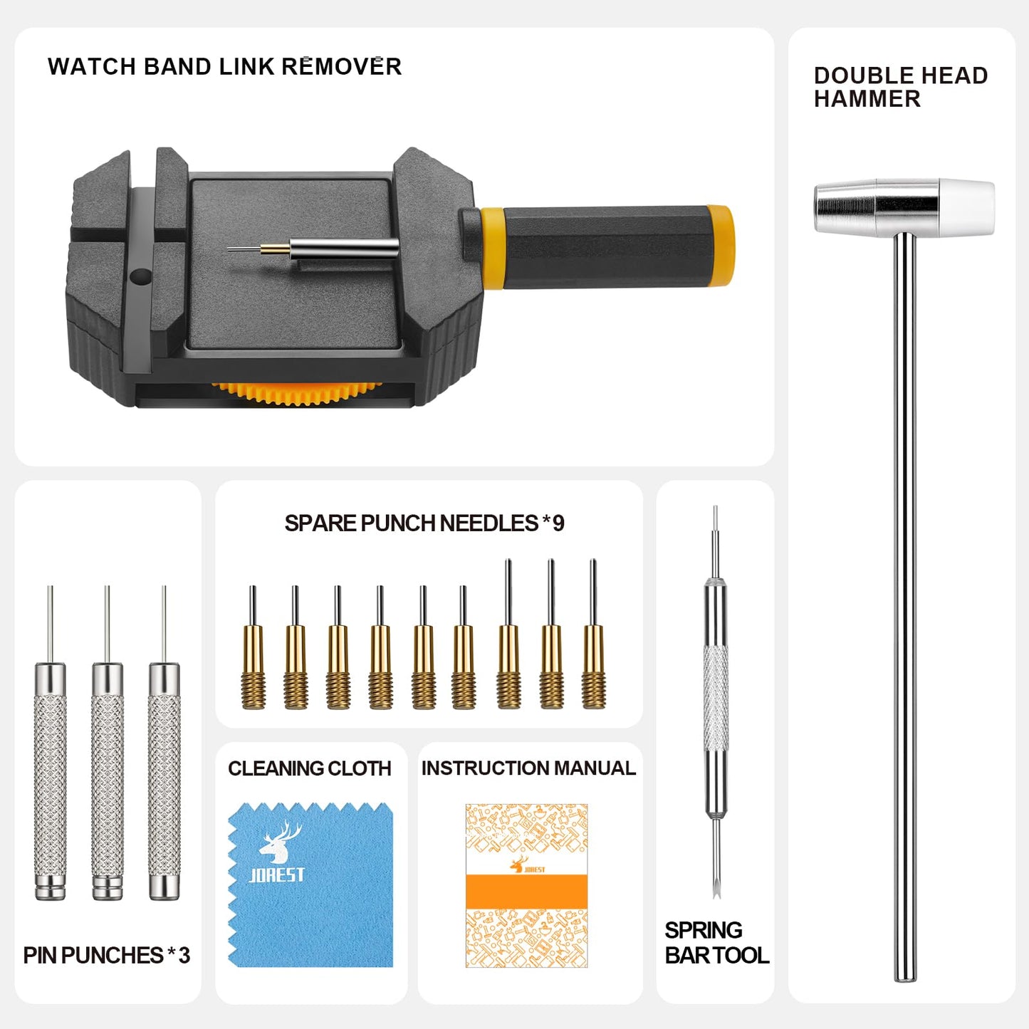 JOREST Watch Link Removal Kit, Resizing Tool for Bracelet Adjustment & Replacement, Pin Remover for Sizing Strap, Watch Adjuster, Hammer for Watch Repair, Adjust Band, with User Manual, Punches