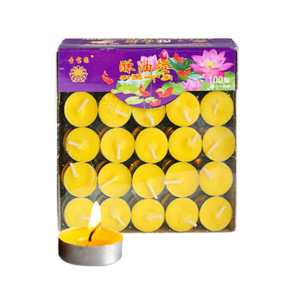 Gcljlmy 100x Smokeless Round Candles 1H Long Burning Tea Light Tibetan Buddhist Church Tealight Ghee Butter Lamp Candles for Wedding Meditation Rituals Altars (Yellow)