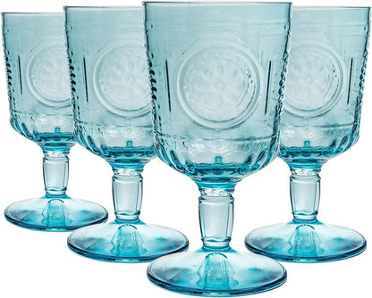 Bormioli Rocco Set of 4 Romantic Stemware Glasses, 10.75 Oz. Colored Crystal Glass, Light Blue, Made in Italy