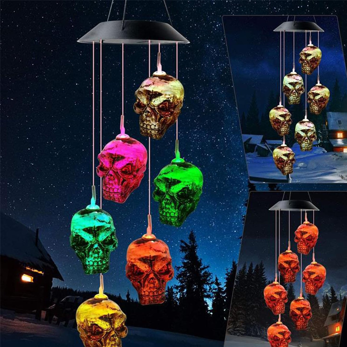 Skull Solar Wind Chime Lights, Halloween Solar Powered Wind Bell Skeleton LED String Light Windchime Outdoor Halloween Hanging Decorations Haunted House Props Gift
