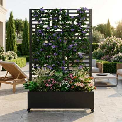Nevoc Metal Raised Garden Bed, Outdoor Planter Box with Trellis on Wheels, Weather-Resistant Plant Planter for Climbing Plants Flower Vegetables for Patio Backyard Poolside (73"x47"x16", C)