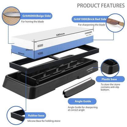 Knife Sharpening Stone Set,Whetstone Dual Sided 1000/6000 Grit Waterstone with Angle Guide Non Slip Rubber Base Holder, Knife Sharpeners Tool Kit for Kitchen Hunting (Blue + black)