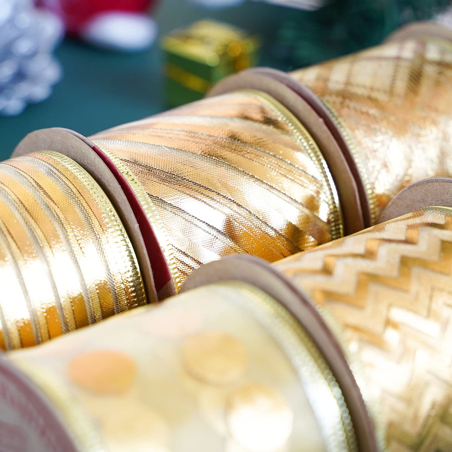 MEEDEE Gold Ribbon for Christmas Tree Decoration - 2.5 Inch, 6 Rolls, 36 Yards - Star and Stripe Wired Ribbon for Tree Garland and Crafts