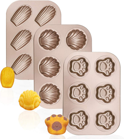 Beasea 3 Pack Madeleine Pans, 10x7 Inch Nonstick Cat Shaped Cake Cookies Pan for Baking
