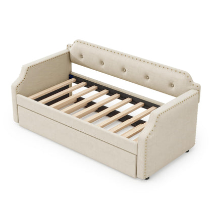 Twin Size Daybed with Trundle, Upholstered daybed Frame with Button Tufted and Nailtrim on Arms, Wood Sofa Bed with Trundle Bed and Caster Design for Living Room, Bedroom, Guest Room, Beige.