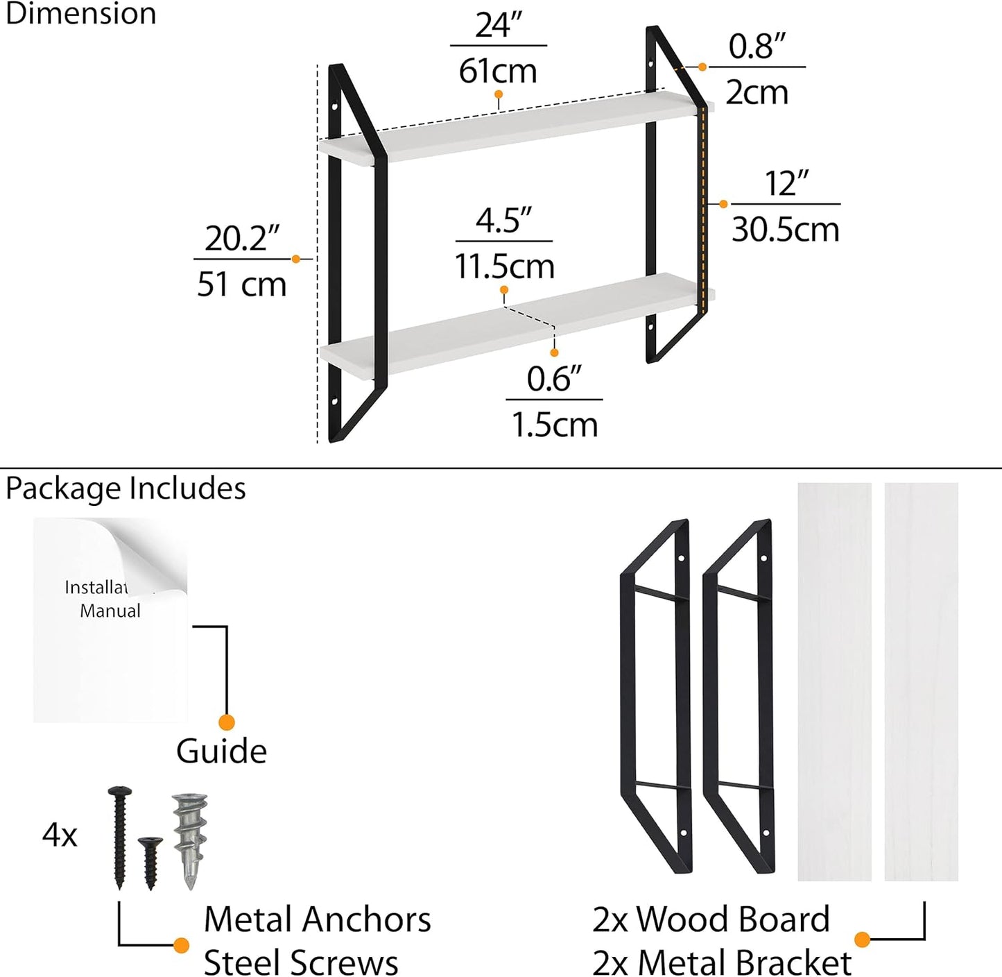 24" 2 Wallniture Ponza Floating Shelves for Living Room Decor, Bookshelf Wall Decor, Tier Bathroom Organizer & Kitchen