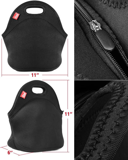yookee home Black Insulated Lunch Bag, Thick Reusable Thermal Lunch Tote, Small Neoprene Lunchbags with Zipper