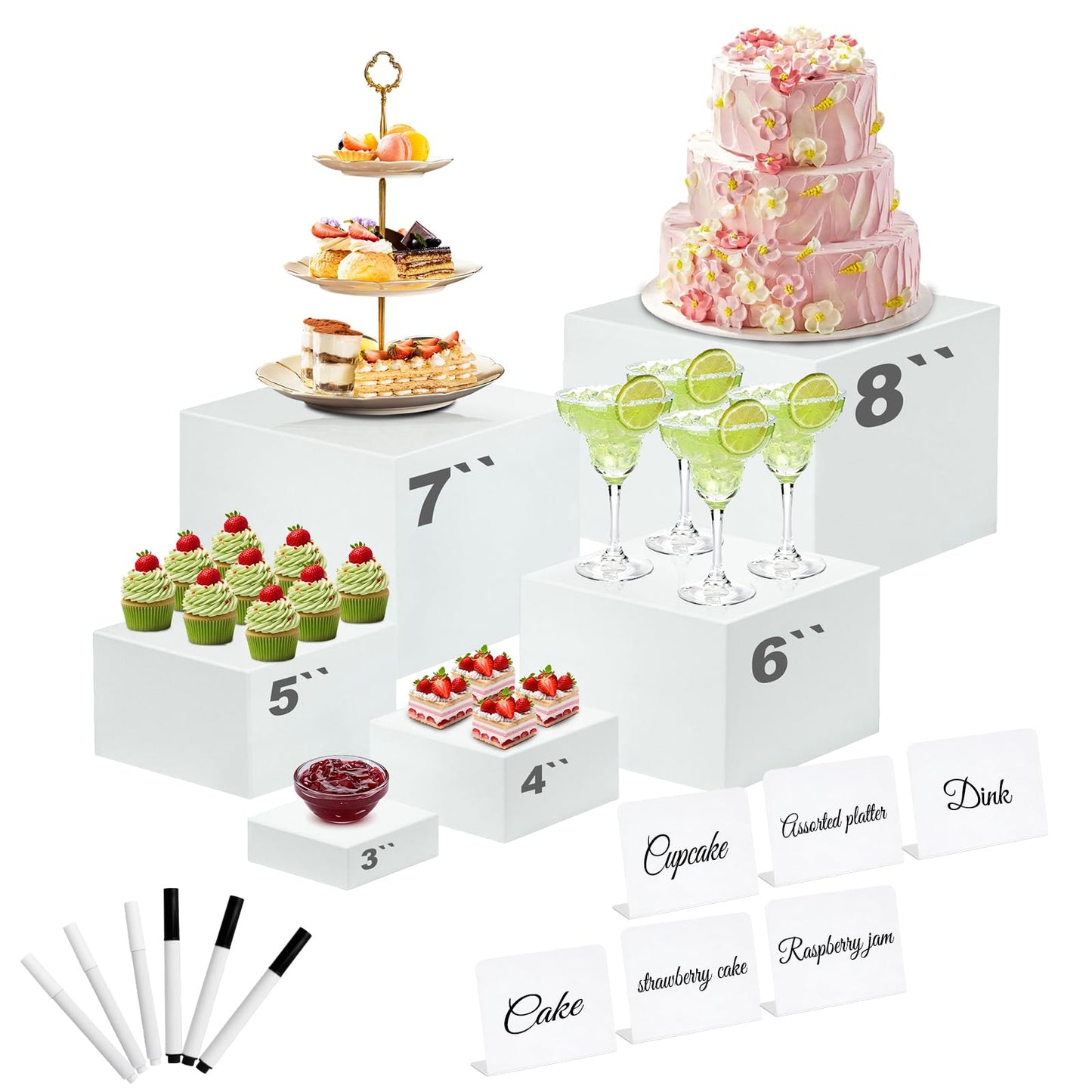Qeanknar 6 Pcs White Acrylic Buffet Risers with Mini Sign and Maker, Food Display Stands for Buffet Table Party Catering Dessert Jewelry Collectibles,Nesting Cube Boxes with Hollow Bottoms