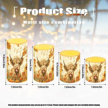 NETILGEN LED Flameless Candles Set of 4 Battery Operated with Remote Control Timer Dancing Flame Pillar Candles Thanksgiving Day Maple Leaf Highland Cow