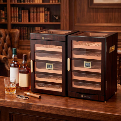 GLENCREAG M26FM-T Cigar Humidor Cabinet for 250 Cigars – Spanish Cedar Lining, Digital Hygrometer, Magnetic Seal, 5 Drawers & Transparent Top Storage– Gift for Cigar Aficionados