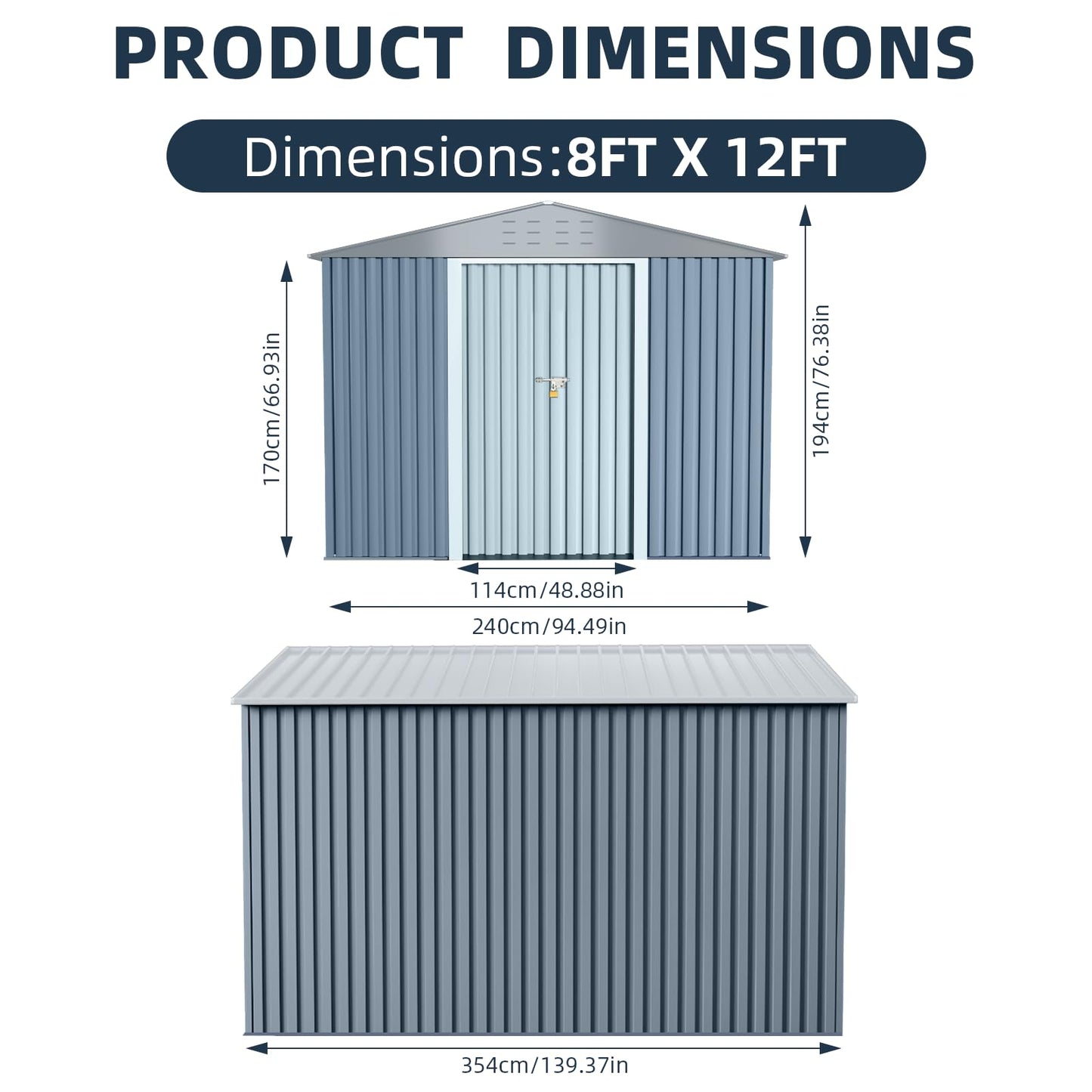 8x12 ft Outdoor Storage Shed, Galvanized Steel Metal Lockable Garden Shed with Sloping Roof, Ventilation & Weatherproof,Ideal for Tools & Equipment Backyard Garden Patio Lawn