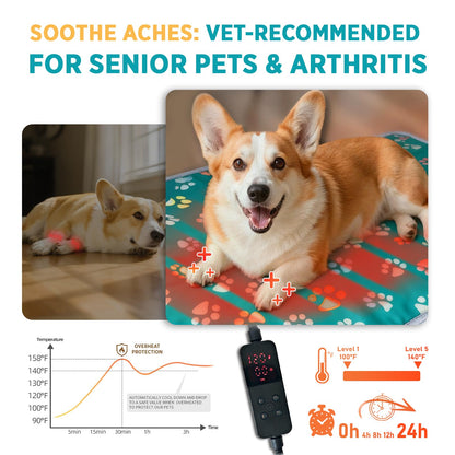 furrybaby Pet Heating Pad, Waterproof Dog Heating Pad Mat for Cat with Durable Anti-Bite Tube Indoor for Puppies Dogs Cats (1 Pack Black, 17 X 17in, Temp Adjustable)