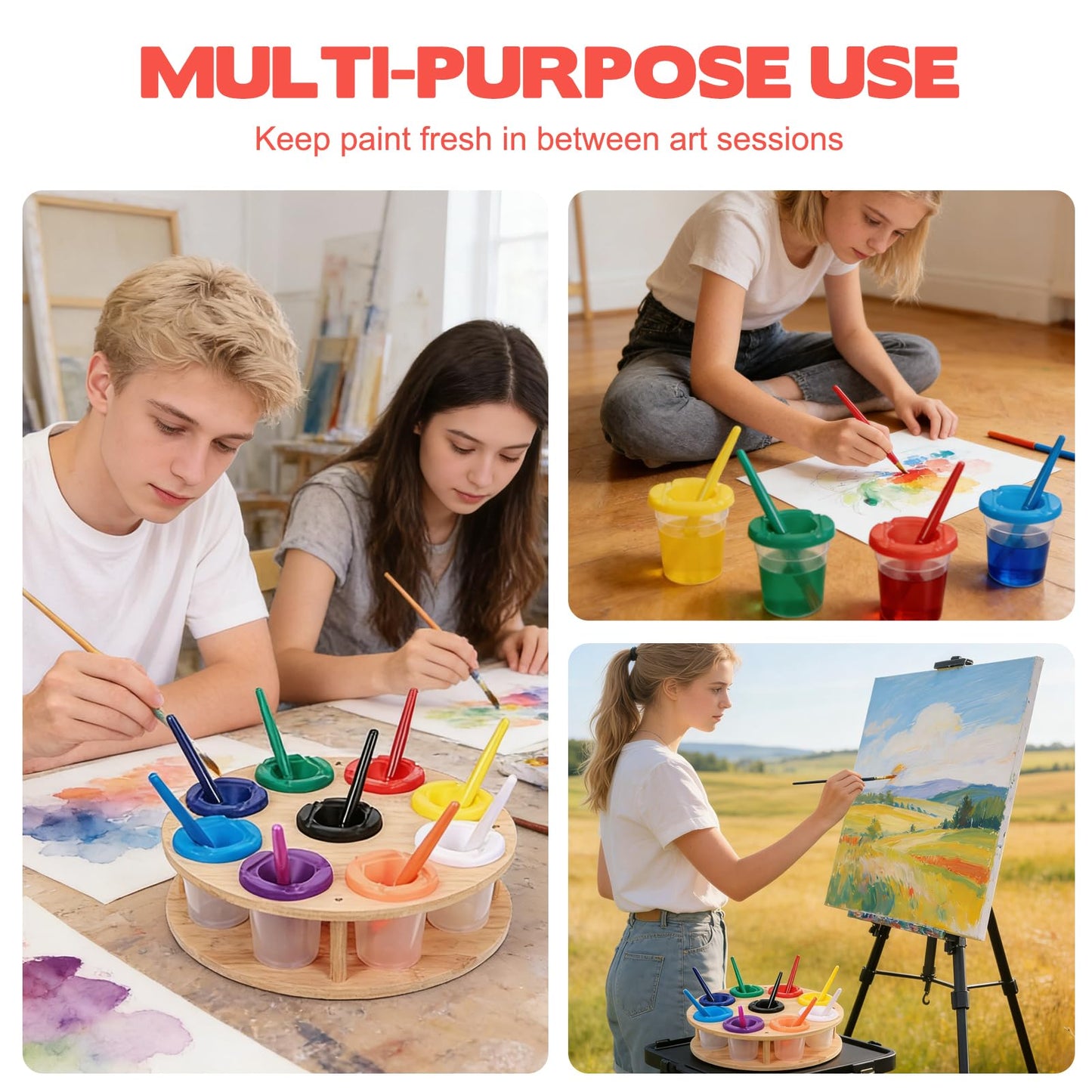 Painting Cups with Rotating Holder 9pcs No Spill Paint Cup with Colored Lids Paintbrushes Waterproof Smock Spill Proof Art Painting Containers Supplies