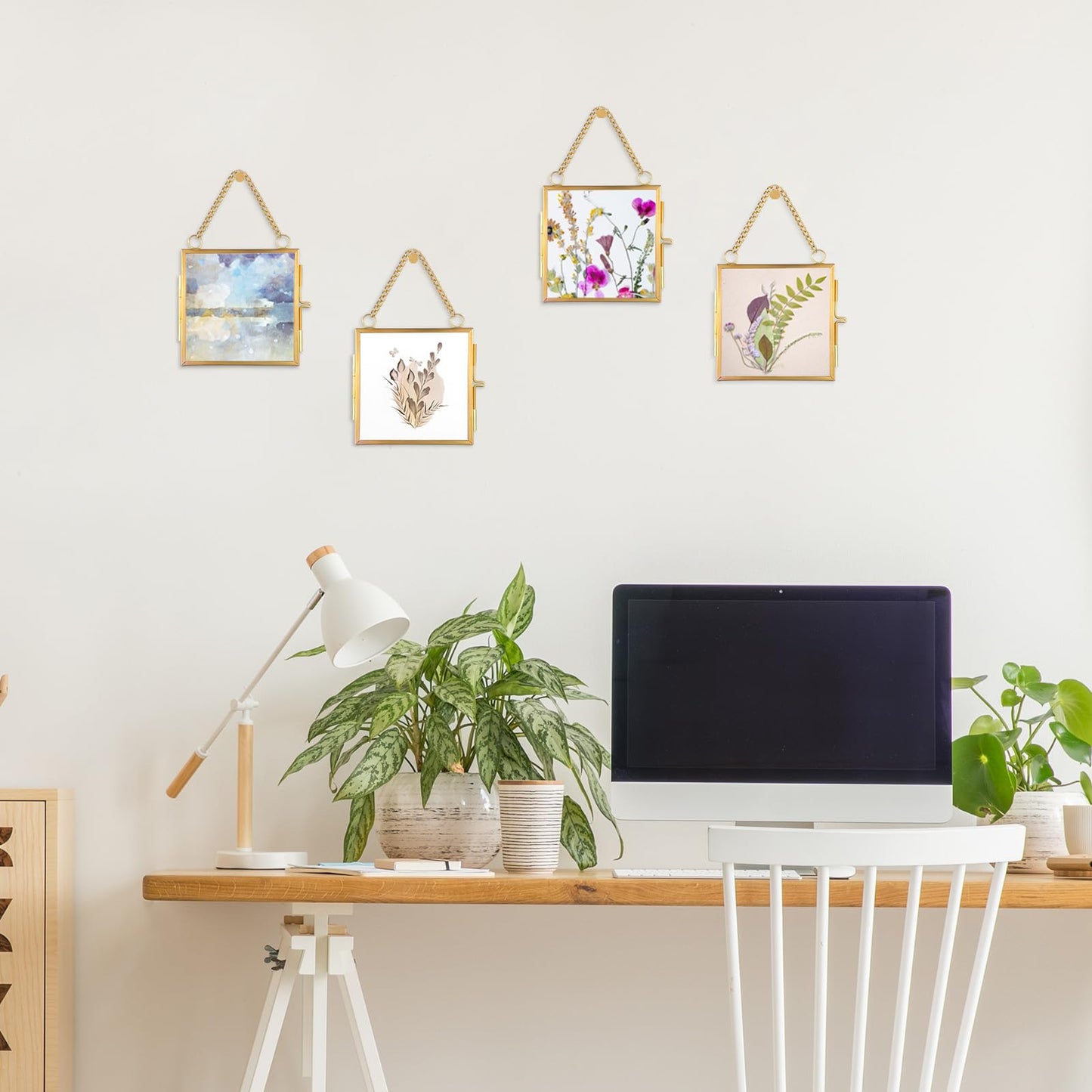 HOFURME 4 Pcs Mini Brass Wall Hanging Photo Frame, Square Glass Hanging Picture Artwork Display Frame, Double Glass Floating Frame Style Gallery Wall Frame for Picture, Pressed Flower (3.5x3.5 inch)