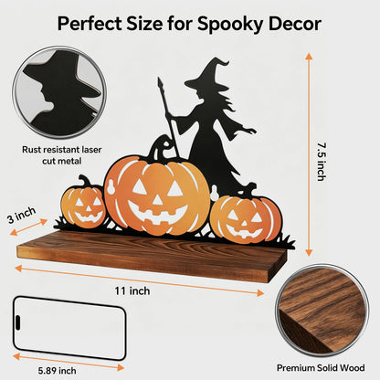 Pracaniz Halloween Pumpkin Shelf Decor, Witch Bat Iron Silhouette Tabletop Shelf Sitter with Rustic Wood Base, Halloween Mantel Decor Indoor, Witchy Gothic Accent for Crystals, 11" × 7.5"
