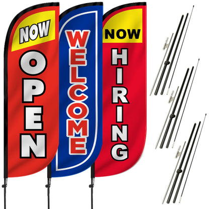LookOurWay Feather Flag Pole Kit 3-Pack Bundle - 7ft Tall Grand Opening Advertising Banners with Poles and Ground Spikes - Now Open Red, Welcome Blue/Red, Now Hiring