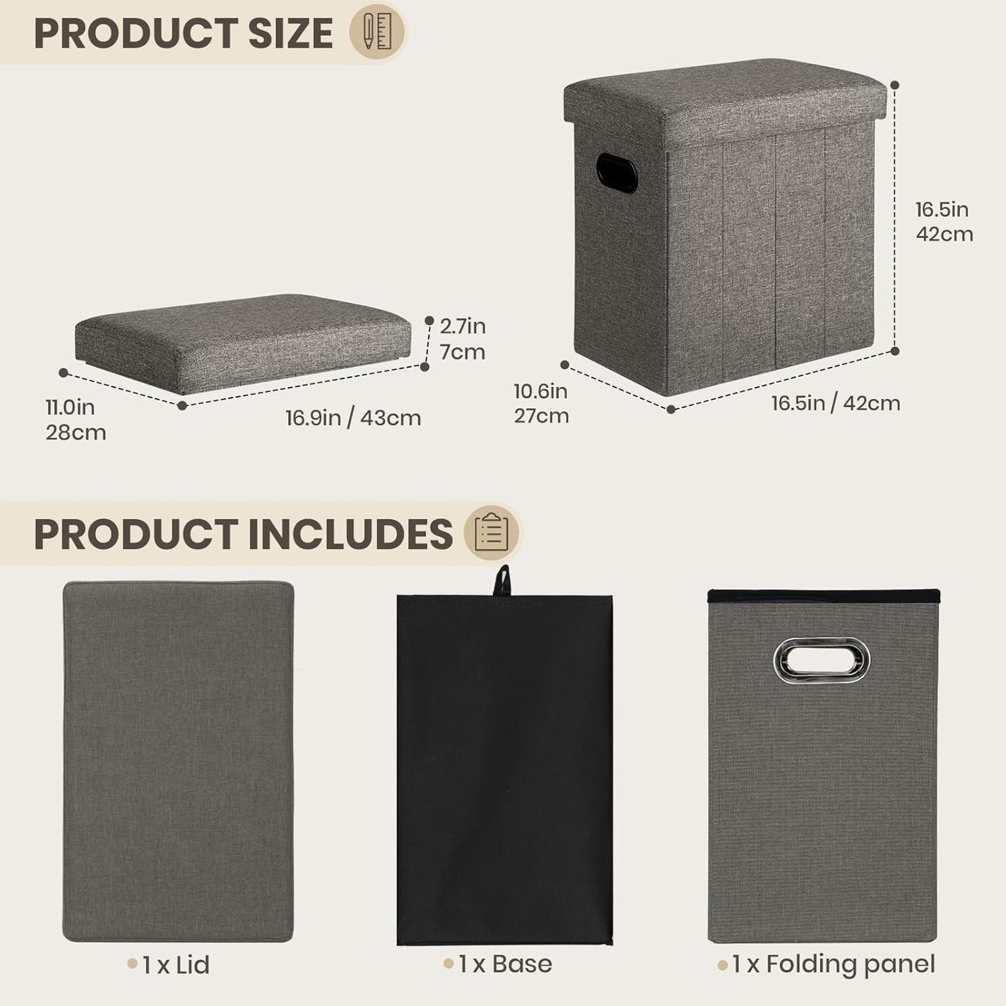 16.5x16.5x10.6in COSYLAND Ottoman with Storage Collapsible Fabric - Footrest Foot Stool for Room, Slim Tall Folding