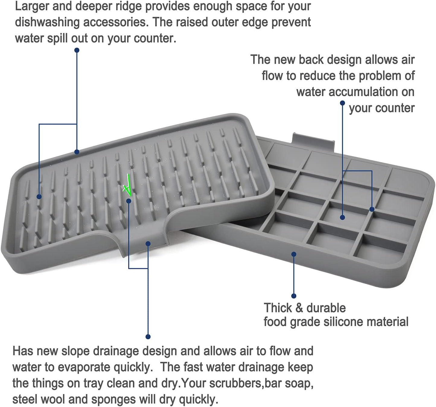 Large Silicone Sponge Holder - Multi-Purpose Self Draining Dish Soap Tray for Kitchen Sink, Waterproof Caddy Organizer