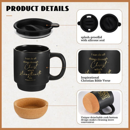 FillTouch 12 Pcs Christian Mothers Day Coffee Mugs 15 oz Religious Cup Cork Bottom Coffee Mug with Verse Inspirational Gifts for Women Men Father Teacher Church Bible Study(Black,Classics)