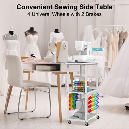 Rolling Craft Table with 56 Spools Thread Holder, 3 Storage Shelves, Portable Sewing Cabinet for Embroidery Machine, Craft Cart Organizer, White