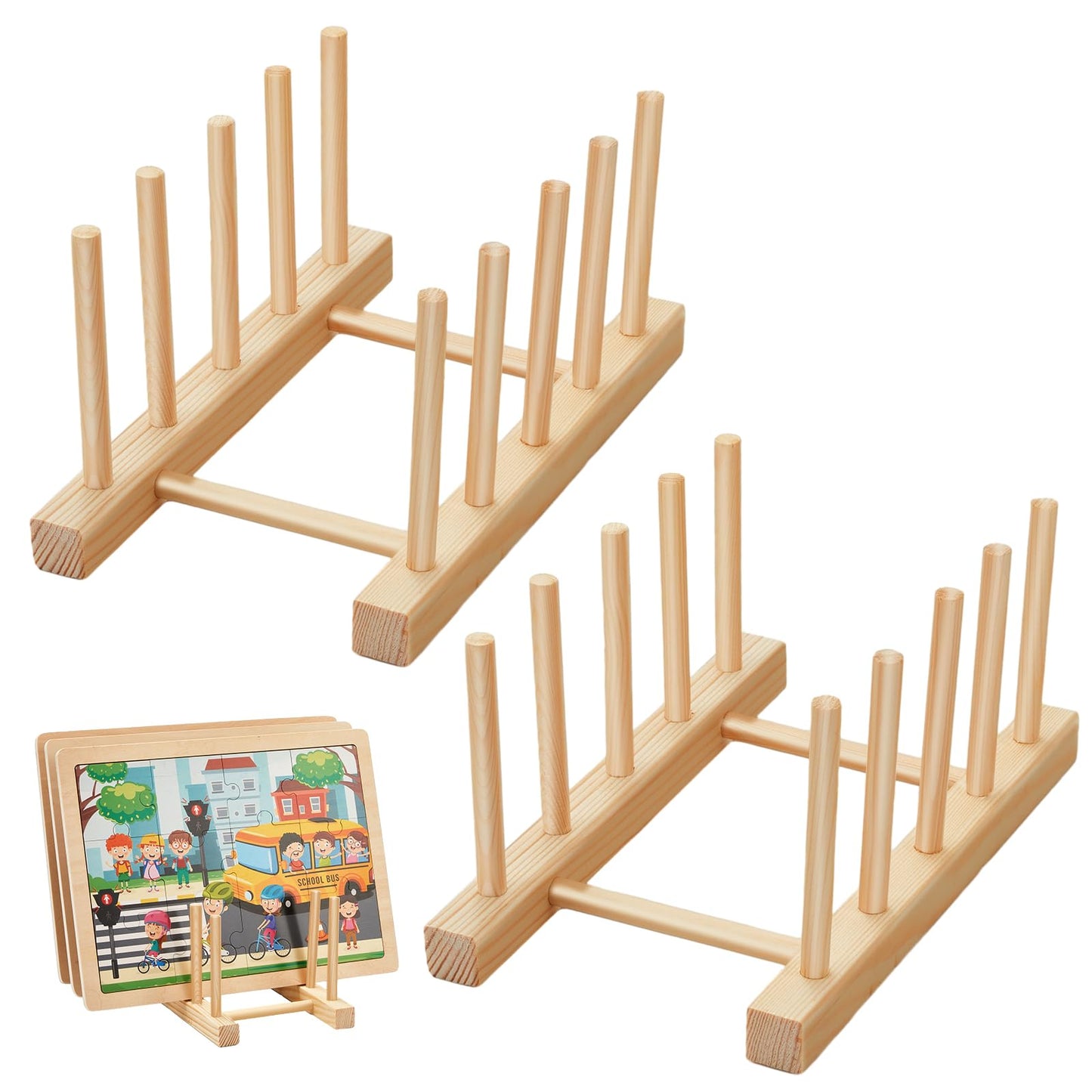 Barydat 2 Pcs Wooden Puzzle Display Stand Jigsaw Holder Rack Puzzle Pot Lid Storage Organizer Shelf for Playroom Decor Craft Collection Lovers