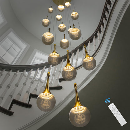 GINSENGLUX Gold LED Staircase Chandelier for High Ceiling, Gold LED Dimmable Remote, Modern Crystal Teardrop Long Hanging Pendant Light for Stairwell Living Room Entryway Stair Foyer, H118in 16 Lights