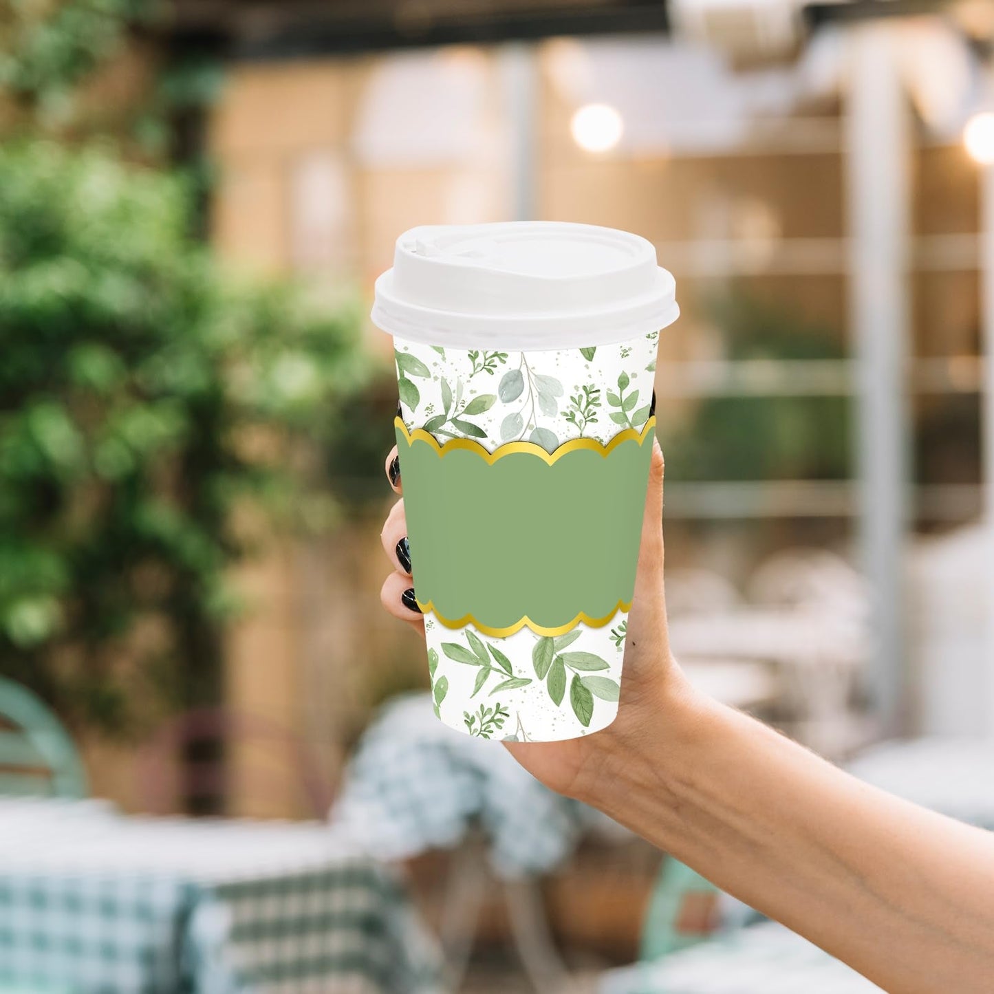 JarThenaAMCS 50 Pcs Greenery Coffee Cups with Lids Sleeves 16 Oz Green Eucalyptus Leaves Paper Cups Disposable To Go Coffee Cup for Wedding Cafes Shops Cappuccino Chocolate Beverage Cocoa