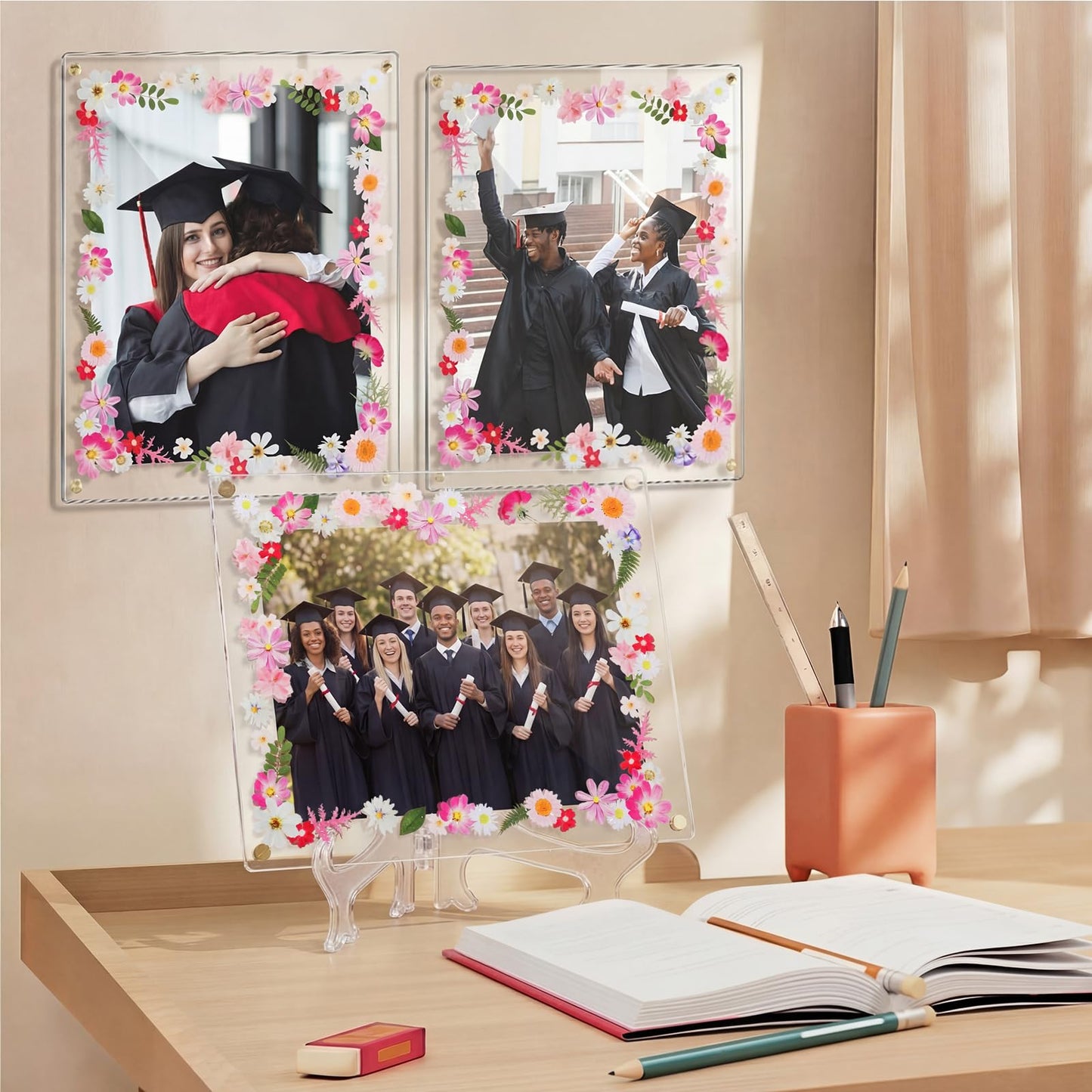 Novabright 2 Set 2026 5.5x8.5 Floral Acrylic Graduation Certificate Frame Pressed Wildflower Wall Mount Floating Picture Frame A4 Photo for Graduation Diploma Degree Document Memory Picture Gift