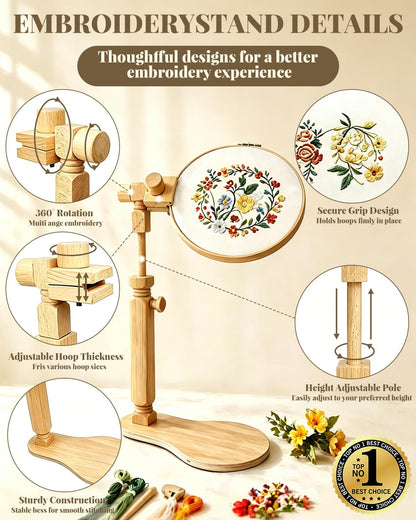 Wood Embroidery Hoop Stand Set, Needlepoint Stand for Lap, Embroidery Hoop Stand with Embroidery Kit for Beginners for Cross Stitch, Embroidery, and Art Craft Sewing Projects