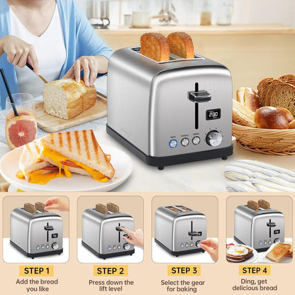 SEEDEEM 2 Slice Toaster, Stainless Steel, LCD Display, 7 Shade Settings, Digital Bagel & Defrost Function