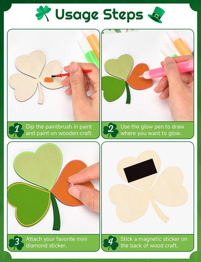 Bafeil 24 Set St. Patrick's Day Crafts for Kids - Color Your Own Art St. Patrick's Day Coloring Craft with Magnets Paints- Non-Toxic DIY Wood Paint Crafts Kits- St. Patrick's Activities for Classroom