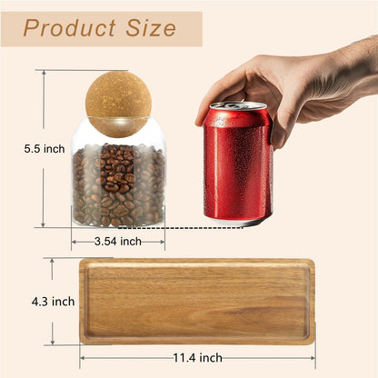GENSTEUO Glass Jars with Cork Lids, 3 Pack Small Decorative Jars with Acacia Tray, Bathroom Qtip and Cotton Ball Holder Set, Cute Coffee Bar Containers for Sugar Candy Tea, Apothecary Jars (17oz)